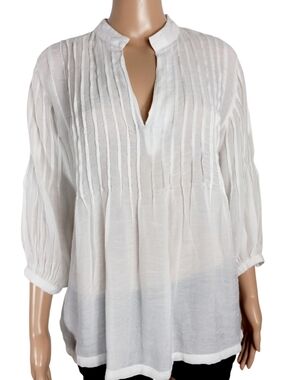 White Pintuck Split-Neck Women's Top